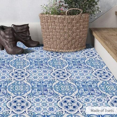 Blue Tile Decal Geometric 3D Floor Stickers Waterproof Wall Stickers Removable Anti-slip Mural Bathroom Bedroom Decor 60x120cm