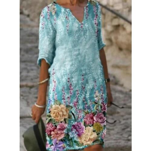 2021 European and American style new flower print fashion V-neck short sleeved midlength dress