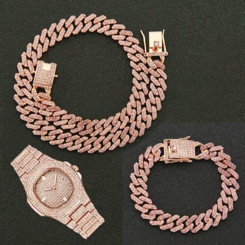 3pcs Kit Prong Necklace Baguette Bracelet Hip Hop12MM Cuban Iced Out Paved CZ Necklace+Watch+Bracelet For Men Jewelry