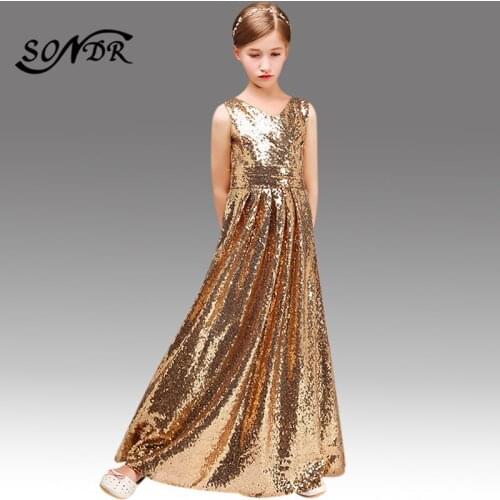 Sparkling Sequin Flower Girl Dresses HT113 V-neck Sleeveless First Communion Dresses for Girls Gold Kids Gowns Floor Length