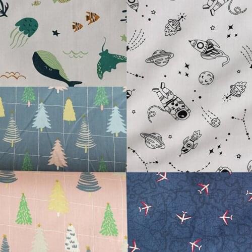 100% Cotton Twill Fabric PINK BLUE WHITE Cartoon Plane Whale Color Pine Rocket Space For Handwork Patchwork Clothes Dress Shirt