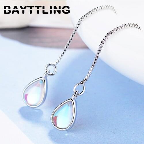 BAYTTLING 110MM 925 Sterling Silver Earrings Sweet Moonstone Drop Tassel Pendant Earrings For Woman Fashion Party Jewelry Gift