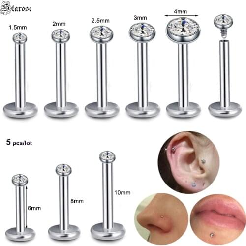 Starose 5pcs 16G 6/8mm Barbell Gem Nose Ring Stud Labret Lip Ring Ear Piercing Helix Piercing Tragus Earrings Nostril Piercing