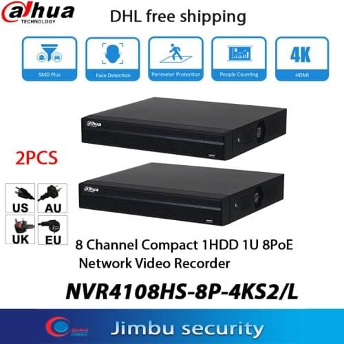 Dahua 8POE 2PCS 4k NVR recorder NVR4108HS-8P-4KS2 H.265 Up to 8MP Resolution and 1 SATA III Port, Up to 6 TB capacity each HDD