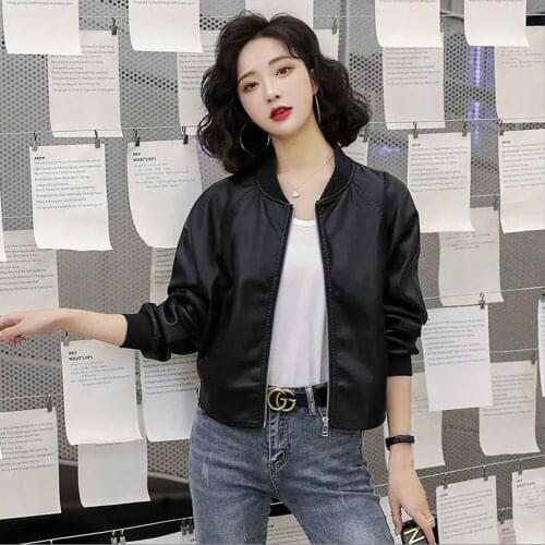 Motorcycle Leather Womens Spring Autumn 2021 New Product Fashion Temperament Casual Stand-up Collar PU Short Jacket Trend Coat