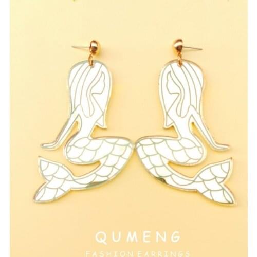 QUMENG korean 2020 Cartoon gold Earrings For Women Acrylic Fashion Mermaid Party Hip Hop Girls Cute Sweet Mirror stud Earrings