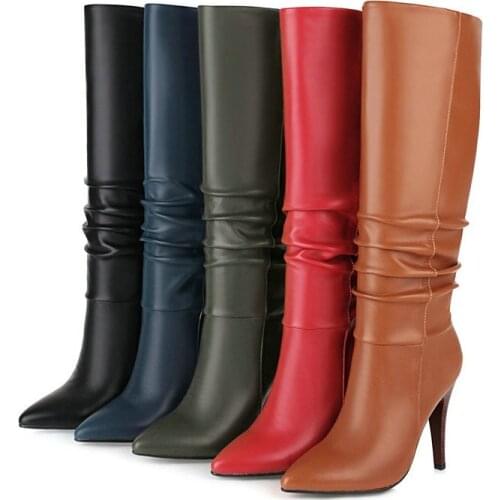 Sexy Pointed-toe Ladies Boots High Quality Pleated Non-lace Overshoes Winter Womens Shoes European and American Style Fashion