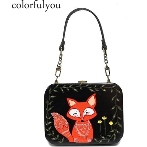 Women Wood Handbag Hand Painted Cartoon Fox Shoulder Bag High Quality Wooden Chain Messenger Bag Girls Elegant Day Clutch Bags