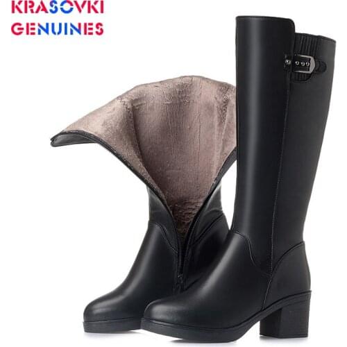 Krasovki Genuines Plush Women Snow Boot Warm Genuine Leather Fur Warm Shoes Plush Mid Calf Boots Platform for Women Winter Boots