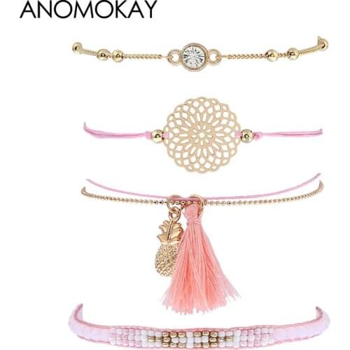 European & American Vintage Style Tassel Flower Women Wrap Bracelet Pink Handmade Link Chain Bead Friendship Bracelet Set Gift