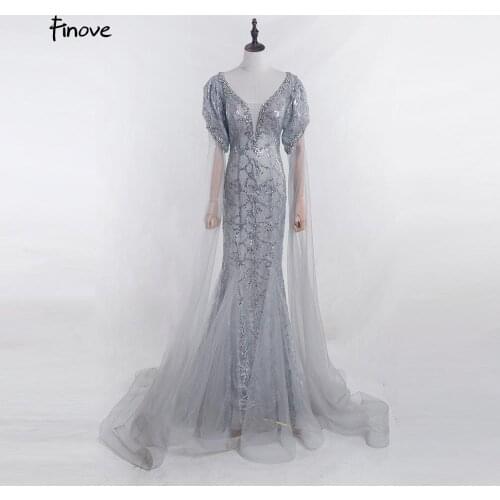 Finove Mermaid Long Prom Dress Sexy V Neck Illusion Sequined Appliques With Crystals Party Dress Gowns Vestido De Festa