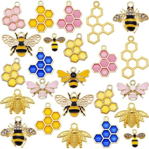 Julie Wang 12PCS Enamel Bee And Honeycomb Charms Mixed Hive Honeybee Pendants Alloy Necklace Bracelet Jewelry Making Accessory