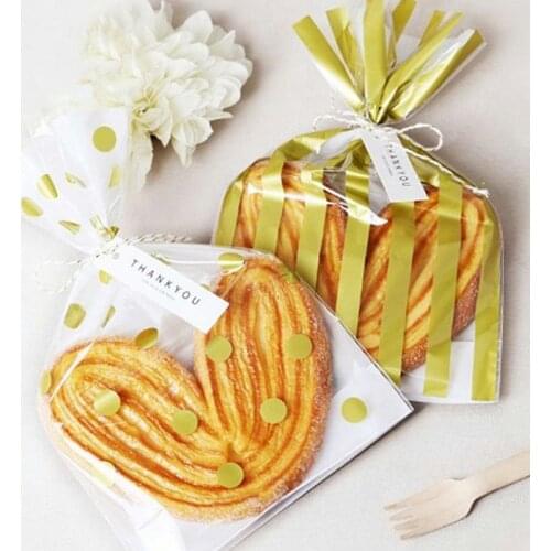 50pcs Gold Polka Dots Striped Party Transparent Cookies Bags Cellophane Bag Party Favor Plastic Candy Bags 25X15x6cm Open Top
