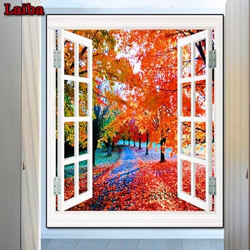 DIY Diamond Embroidery fall tree landscape rose Cross Stitch Mosaic diamond painting window outside Pattern Full square decor