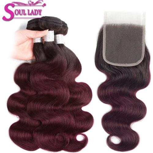 1b/99j Ombre Human Hair 3 Bundles with Closure Soul Lady Brazillian Body Wave Hair With Lace Closure Non-remy Red Hair Bundles