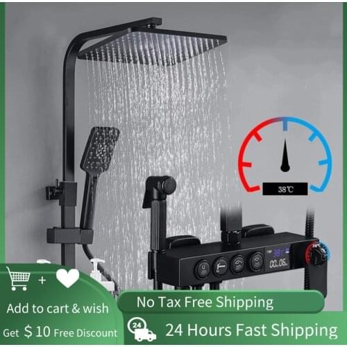 Black Thermostatic Digital Display Shower Faucet Set Rain Bathtub Faucet Mixer Crane Bidet Faucet 4-way Shower Mixer Bidet Tap