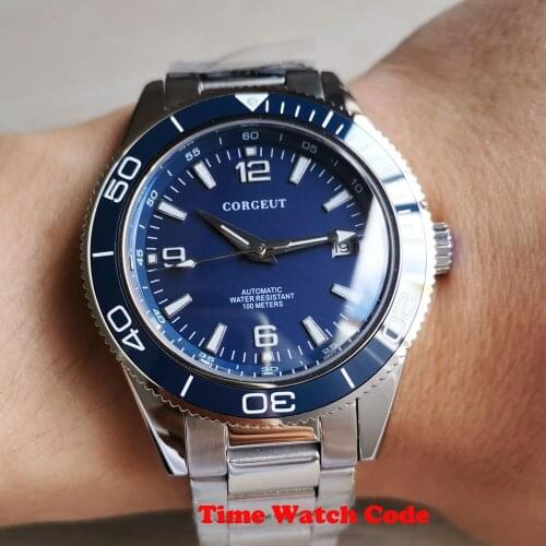 Corgeut 41mm Miyota 8215 Automatic Mens Wristwatch blue dial date window ceramic bezel sapphire glass metal bracelet watch