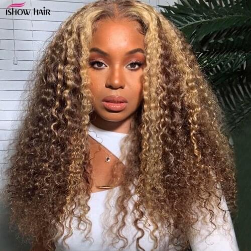 Ishow Kinky Curly Highlight Wig Human Hair Transparent 13x4 Lace Front Human Hair Wigs Pre Plucked P4 27 Curly Lace Front Wig