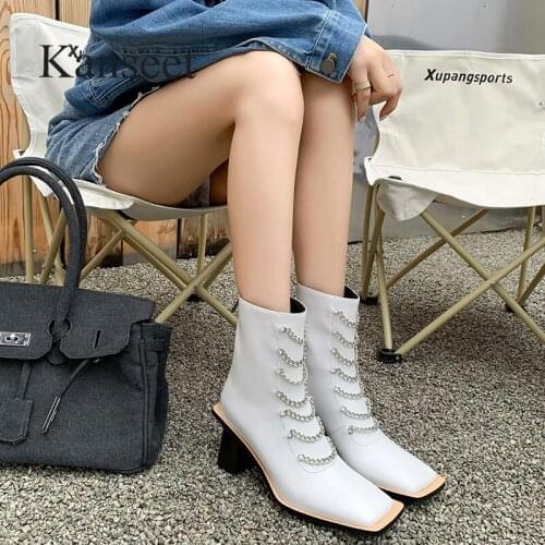 Kanseet Genuine Leather Women Ankle Boots 2021 Autumn Western Boots Chain Decoration Square Toe High Heel Slim Shoes Short Boots