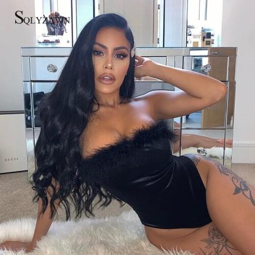 Sexy Black Faux Fur Feather Neck Strapless Bodycon Bodysuit Female Gothic Sleeveless Skinny Romper Streetwear Party Club Overall