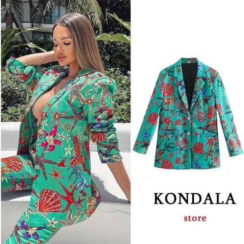 KONDALA Za 2021 Fashion Autumn Vintage Starfish Print Chic Blue Blazer Long Sleeve V Neck Colorful Oversized Long Jacket Outwear