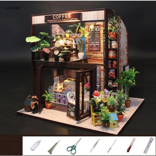 Miniature Dollhouse Furnitures 3D Wooden Assembly Model House DIY Doll House Coffee Store Handmade Toys for Children