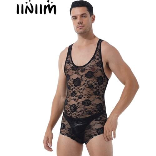Mens Lingerie See-through Skinny Sheer Lace Bodysuit Flower Pattern Round Neck Sleeveless Leotard Night Club Jumpsuits Nightwear
