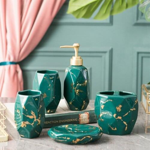5pcs Ceramic Bathroom Accessories Set Imitation Marble Soap Dispenser Soap Dish Toothbrush Holder Mouthwash Cup Home Hotel Wash