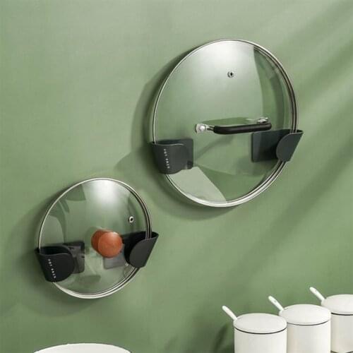 2Pcs Wall Mounted Pot Lid Holder Rack Clips Self-Adhesive Adjustable Wall-Mounted Lid Organizer Holder Kitchen Cooking Tools