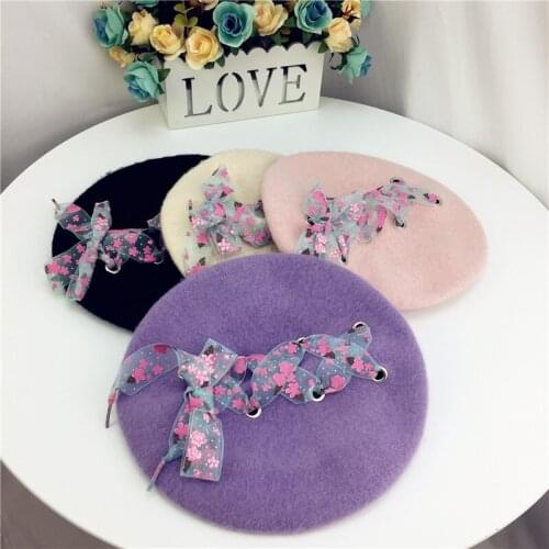 New Autumn Winter Warm Wool Hats For Girls Lace Belt Beret Cap Painter Cute Hat for Children