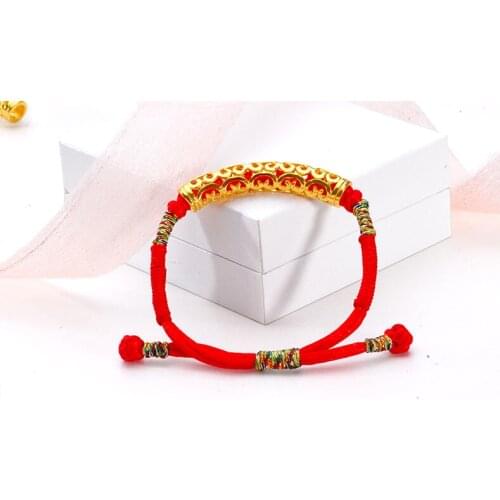 Pure Solid 24K Yellow Gold Bracelet Hollow Flower Red String Weave Bracelet 3.5g