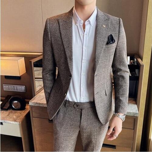Jacket+Pants) 2021 Arrival Suit Men Suit Korean Version British Slim Check Wedding Casual Business Suit High Quality Men Suit