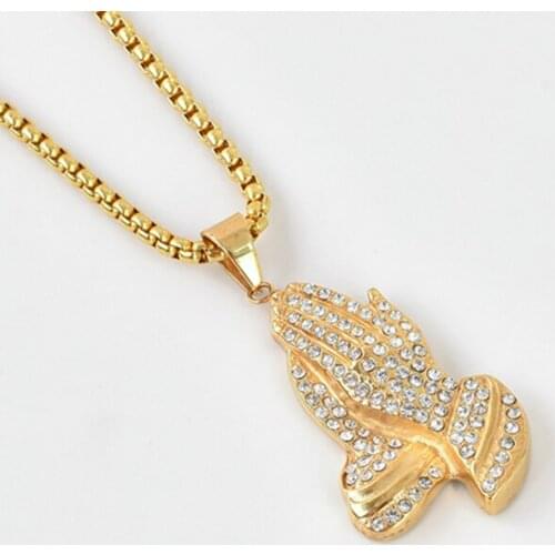 Full white rhinestones Bling Bling Praying hands pendant necklace gold color stainless steel Christian praying hand necklace