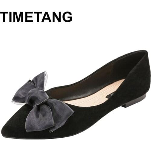 TIMETANGSoft Bottomed Single Shoes Ladies Mesh Bowknot Ballerina Flats Suede Leather Shoes Woman Spring Large Size Roll-Up Balle