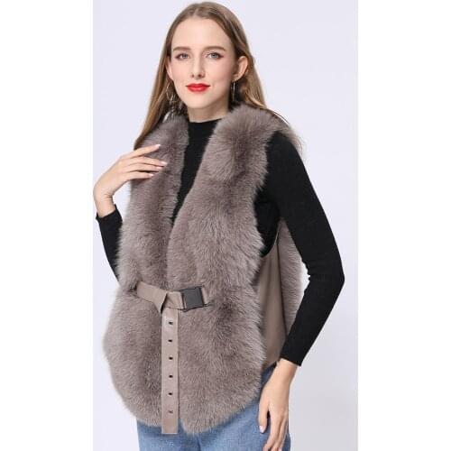 High Quality Fur Vest Coat Luxury Natural Fox Warm Jacket Winter Fashion Belt Fur Gilet Waistcoat