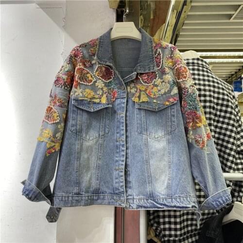 Heavy work Diamond Beaded Color Sequin Flowers Women Denim jacket Loose Casual Long sleeve Jeans Casaco Feminino Spring 2021 New