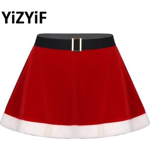 Womens Christmas Cosplay Skirt Flannel Faux Fur Trim Skirt Fancy Ball Costume Dance Party Elastic Waist Christmas Mini Skirts