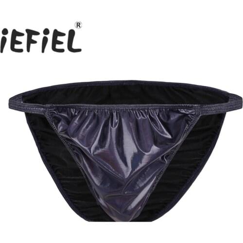 Hot Sale Sexy Navy Blue Mens Shiny Ruched Faux Leather High Cut Low Rise Bikini Briefs Underwear Panties for Lingerie Night