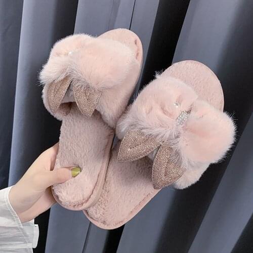 Winter Women Fur Slippers Cute Rabbit Ears Flats Shoes Indoor Non Slip Slipper Rubber Sole Slides Decoration Fashion Girl Shoes