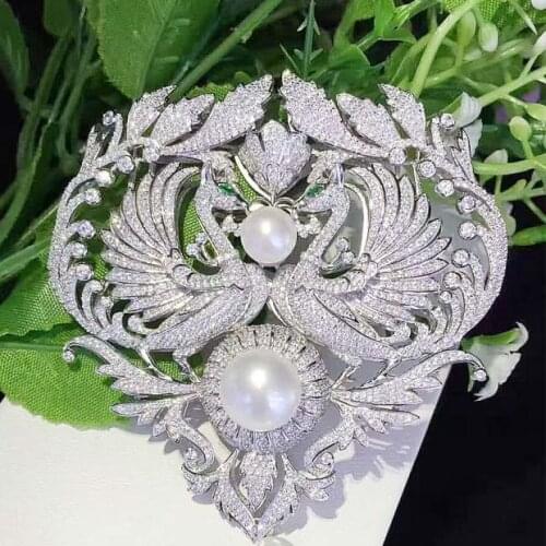 18K White Pearl gold plated CZ micro pave Double phoenix charm Brooch