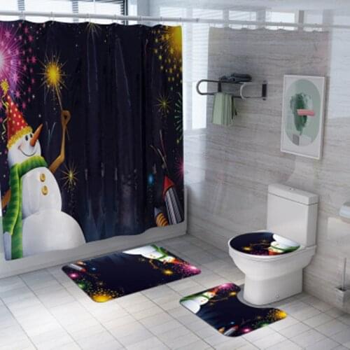 4Pcs/set Bathroom Mat Set Non-slip Christmas Tree Snowman Print Bath Mat Shower Curtain Floor Mat Washable Bathroom Toilet Rug