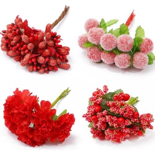 6/10/12/60/70/90/144pcs Mixed Red Flower Cherry Stamen Berries Bundle DIY Christmas Wedding Cake Gift Box Wreaths Decor