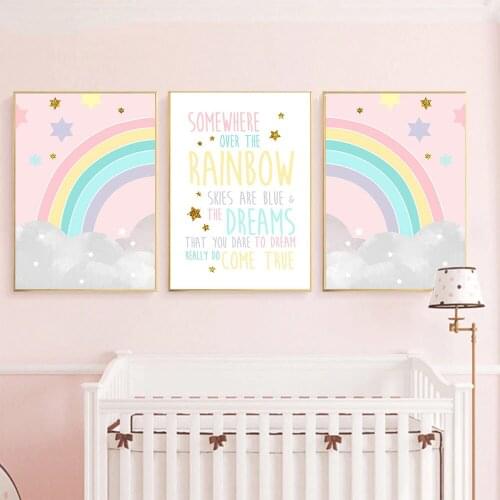 Moon Star Cloud Canvas Painting Poster Print Pink Rainbow Nursery Wall Art Nordic Home Decoration Pictures Baby Girl Room Decor