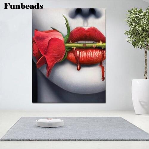 Diy full square round drill diamond painting Sexy Mouth Blood With Red Roses cross stitch kits mosaic 5d embroidery girl‘s FF953