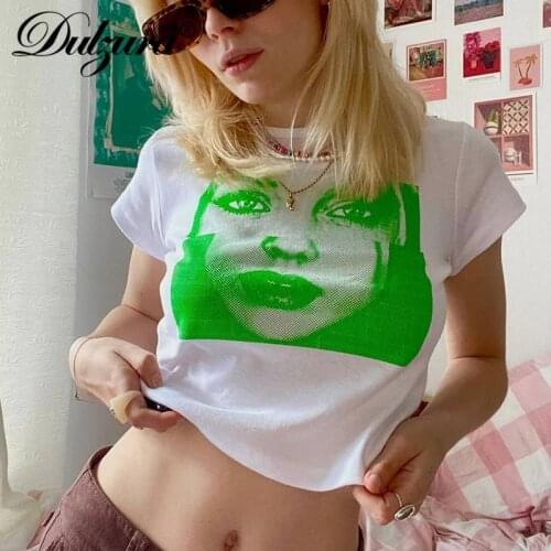 Dulzura Cotton Women Print T Shirt White Short Sleeve Crop Top Streetwear Fashion Casual 2021 Summer Clothes Cute Y2K