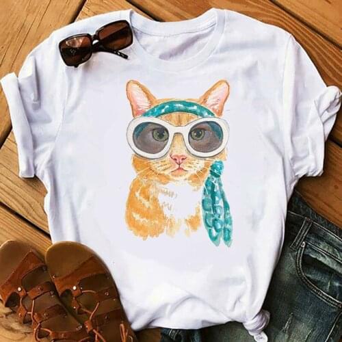 Colorful Cat Pattern Print T-shirt 2021 Summer Short-sleeved Watercolor Cute Cat Harajuku Female Clothing Woman Hip-hop Top Tees