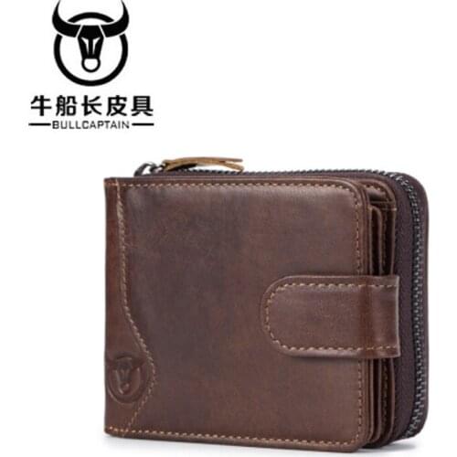 BULLCAPTAIN Fashion Men Genuine Leather Wallet Coin Purse Card Holder Small Wallet Men Portomonee Male Clutch Zipper Clamp Money
