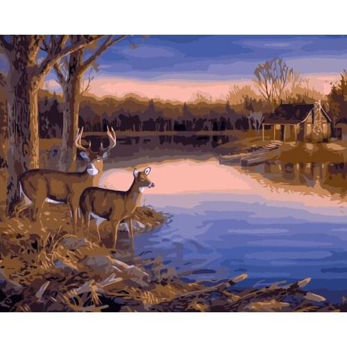 MaHuaf-i042 Landscape Of sunset Lake and deers DIY oil paintings on canvas coloring by numbers wall decorations for living room
