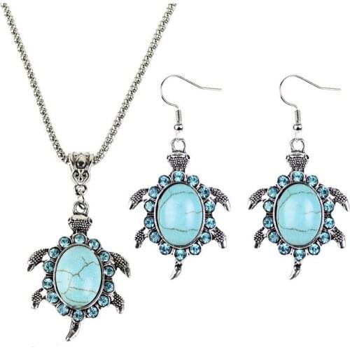 A Set Retro Turquoise tortoise Jewelry Sets Pendant Earring Necklace Fashion Handmade Amulet Gifts Her Woman