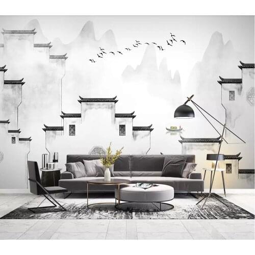 Custom mural wallpaper 3D Chinese ink, landscape, jiangnan hui style architecture sofa background wall